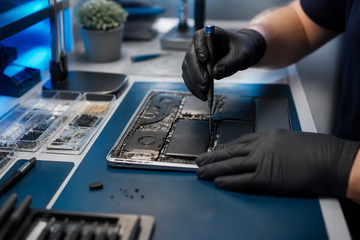 A clean electronics repair bench with an open laptop and precision tools